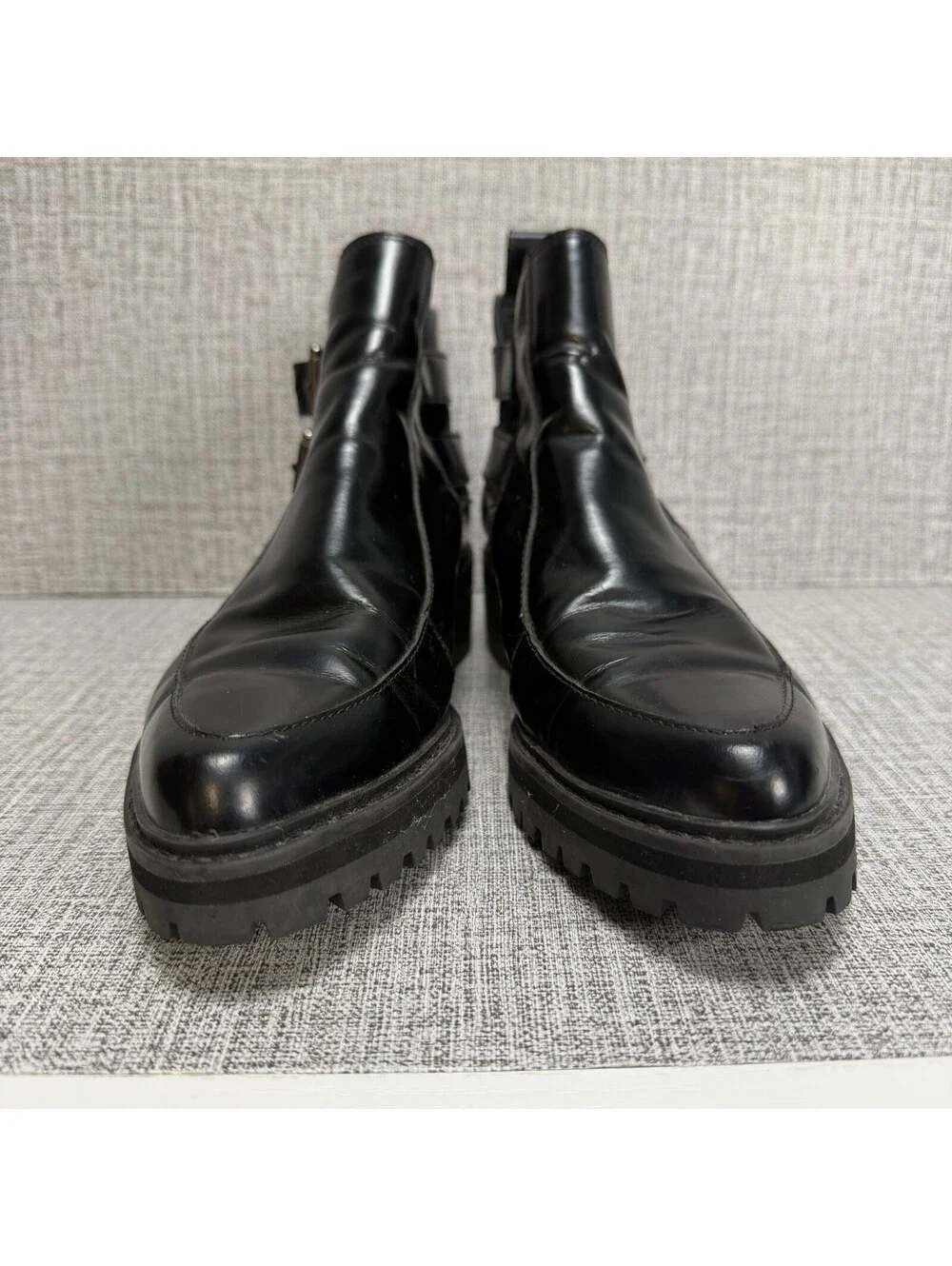 Clarks Boots Womens Size 7 Black Leather Chunky Lug Heel, Buckles, Ankle